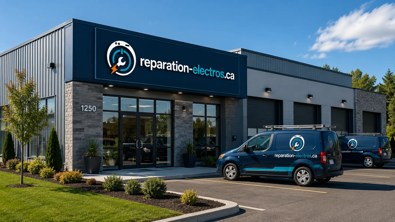 Camions de service stationnés devant un atelier d'électroménagers