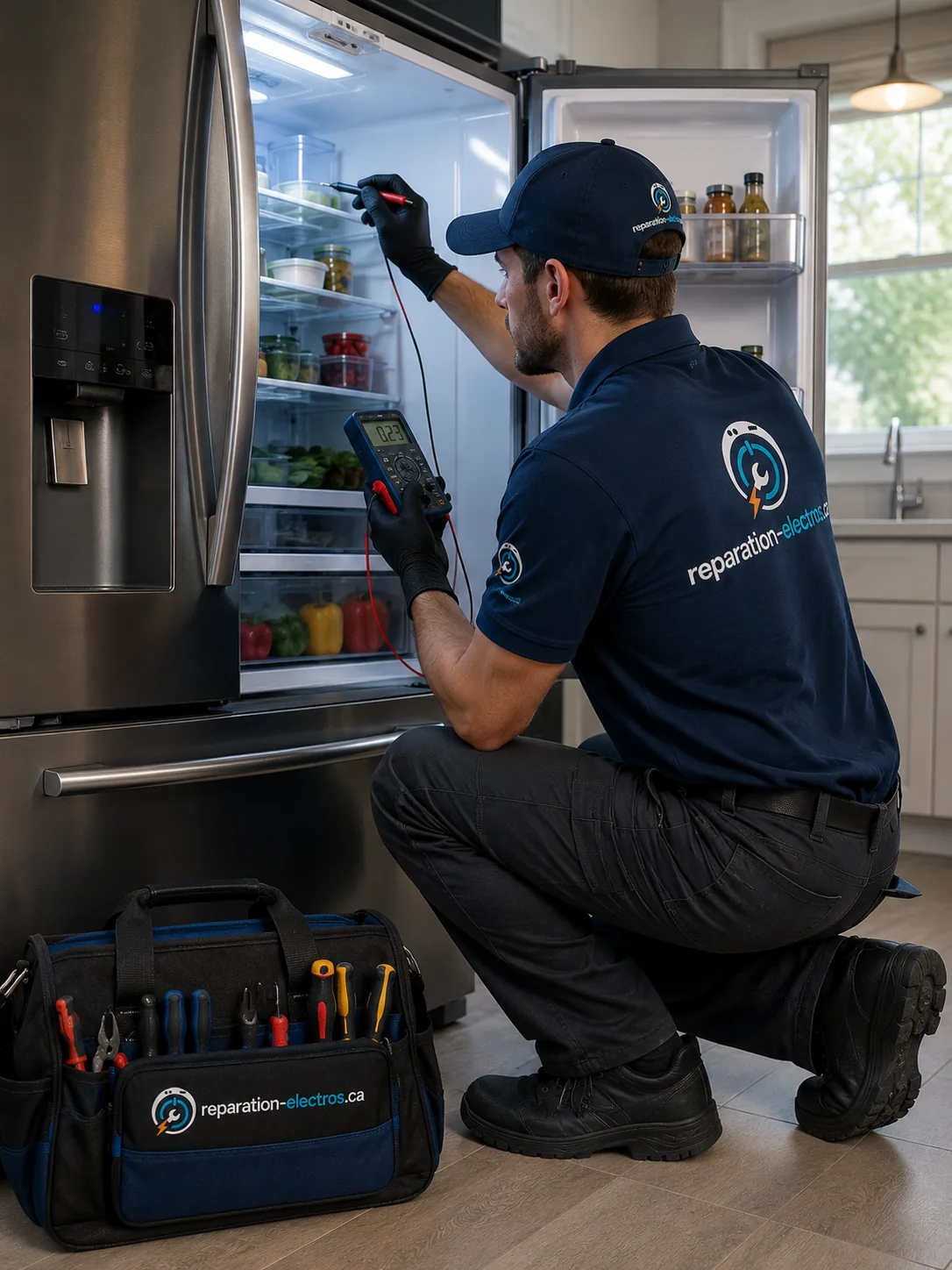 Technicien testant un réfrigérateur au multimètre