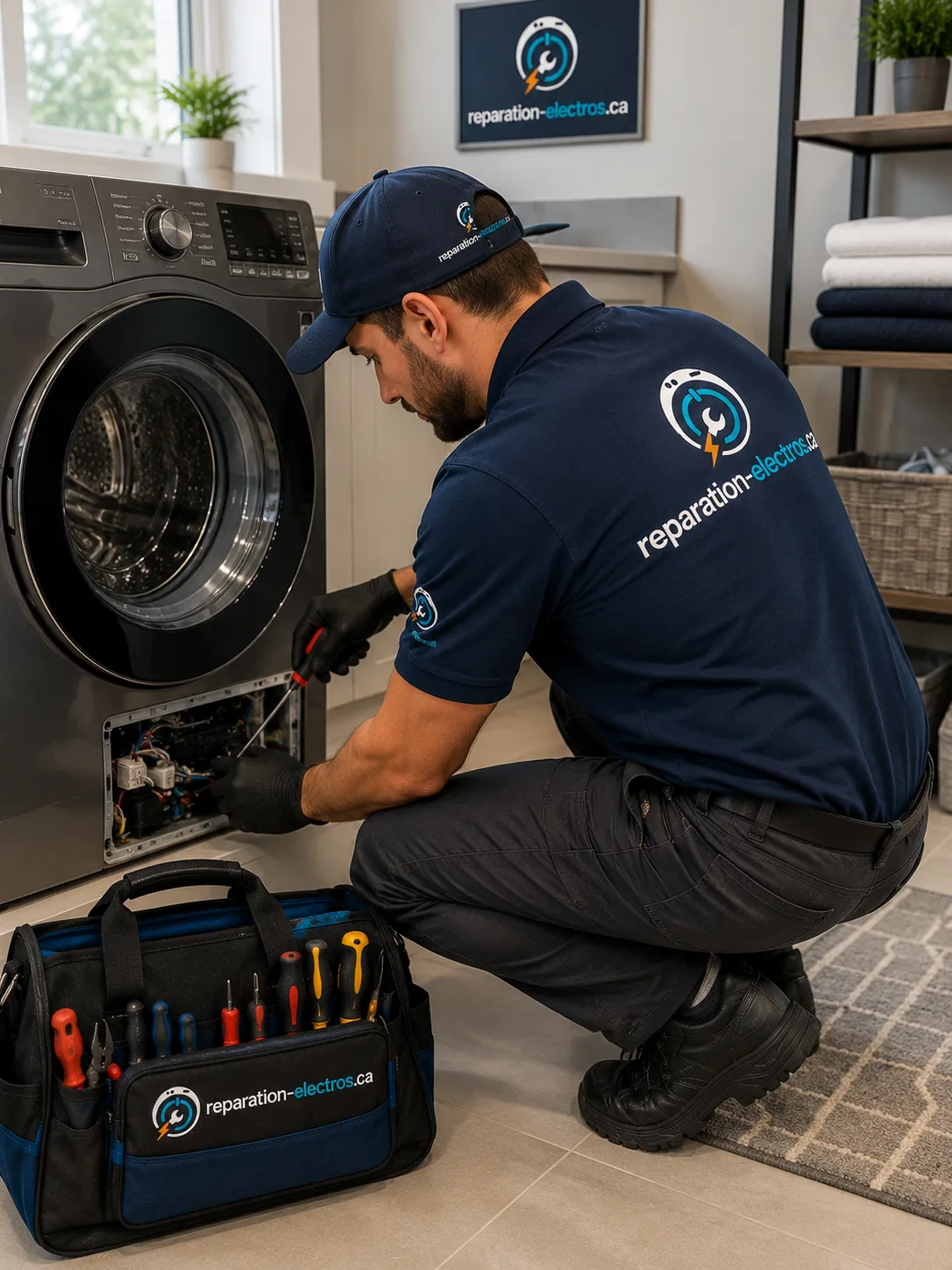Technicien réparant le panneau avant d'une laveuse